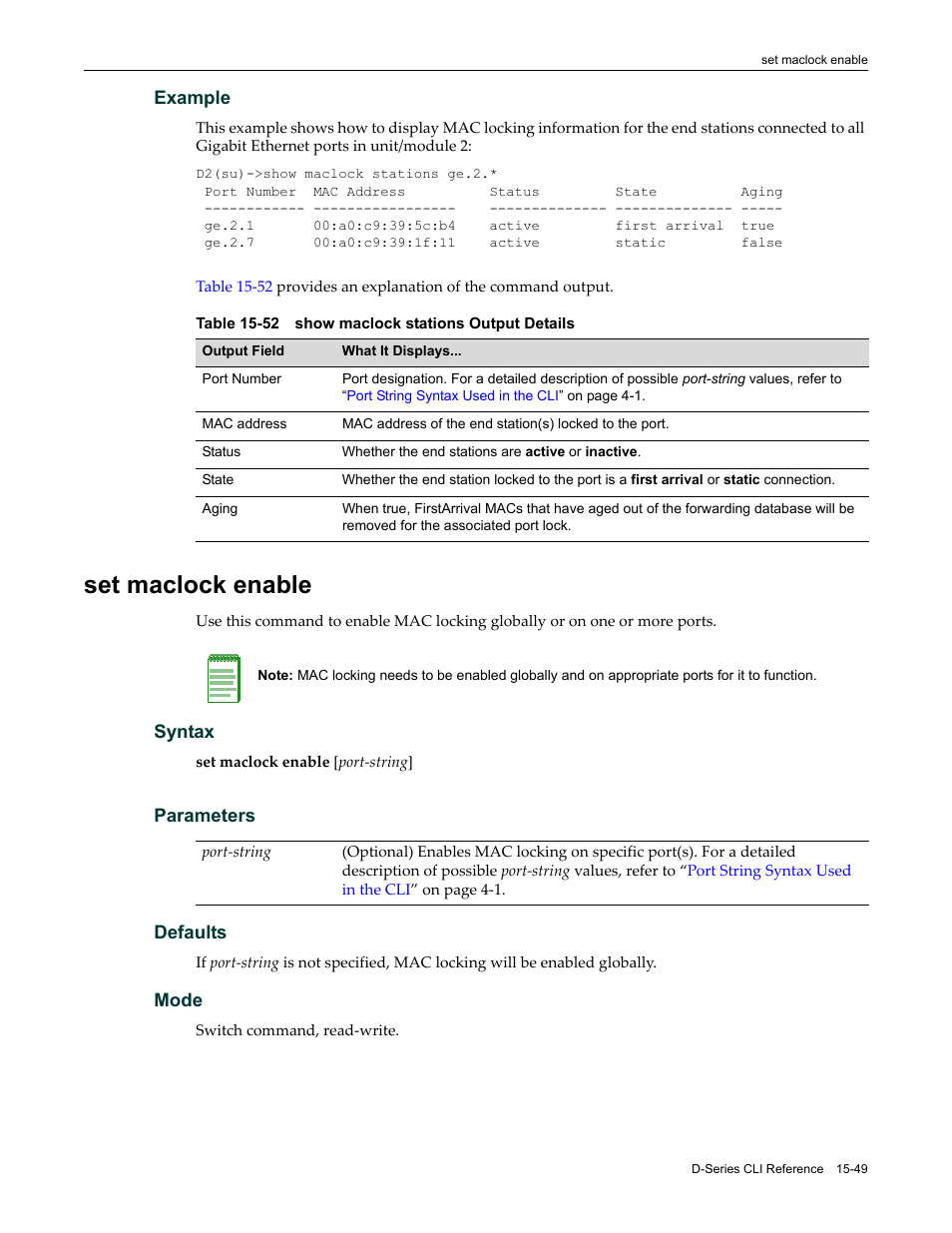 Set maclock enable, Set maclock enable -49, 52 show maclock stations output details -49 | Enterasys Networks Enterasys D2 D2G124-12P User Manual | Page 473 / 496