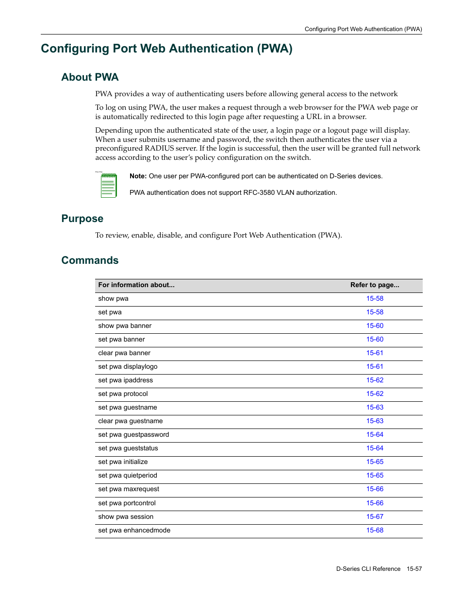 Configuring port web authentication (pwa), About pwa, Purpose | Commands, Configuring port web authentication (pwa) -57, About pwa -57 purpose -57 commands -57, Configuring port web, Authentication (pwa), Configuring port web authentication, Pwa) | Enterasys Networks Enterasys D2 D2G124-12P User Manual | Page 481 / 496