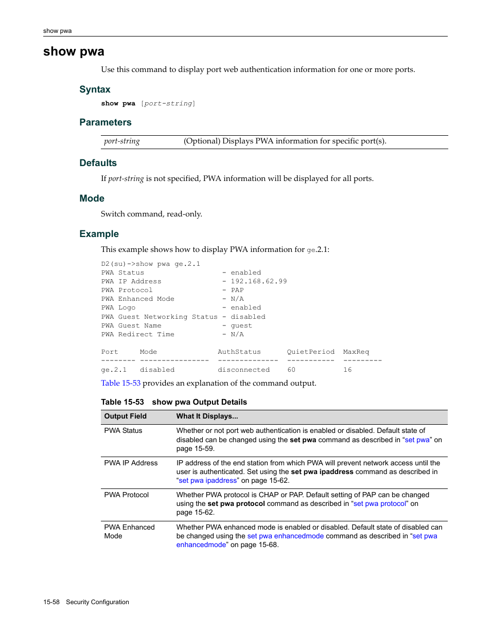 Show pwa, Show pwa -58, 53 show pwa output details -58 | Enterasys Networks Enterasys D2 D2G124-12P User Manual | Page 482 / 496