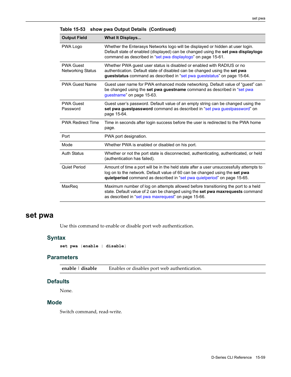 Set pwa, Set pwa -59 | Enterasys Networks Enterasys D2 D2G124-12P User Manual | Page 483 / 496