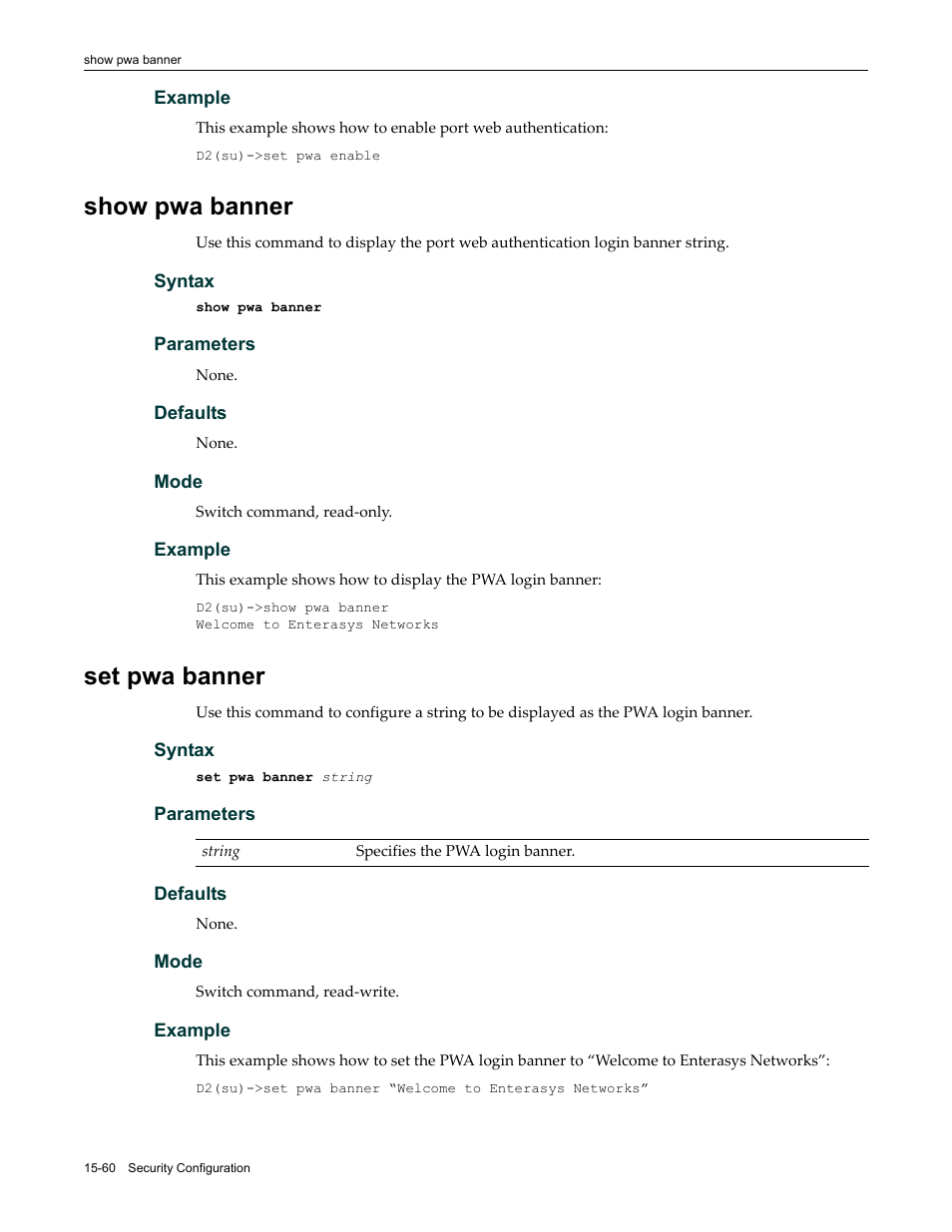 Show pwa banner, Set pwa banner, Show pwa banner -60 set pwa banner -60 | Enterasys Networks Enterasys D2 D2G124-12P User Manual | Page 484 / 496