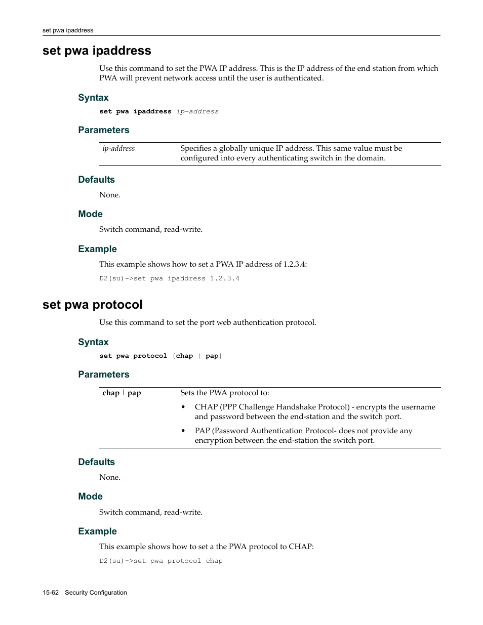 Set pwa ipaddress, Set pwa protocol, Set pwa ipaddress -62 set pwa protocol -62 | Enterasys Networks Enterasys D2 D2G124-12P User Manual | Page 486 / 496