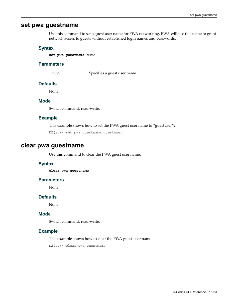 Set pwa guestname, Clear pwa guestname, Set pwa guestname -63 clear pwa guestname -63 | Set pwa, Guestname | Enterasys Networks Enterasys D2 D2G124-12P User Manual | Page 487 / 496