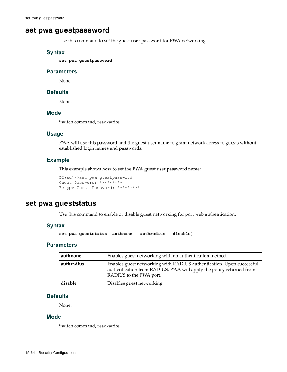 Set pwa guestpassword, Set pwa gueststatus, Set pwa guestpassword -64 set pwa gueststatus -64 | Ed in | Enterasys Networks Enterasys D2 D2G124-12P User Manual | Page 488 / 496