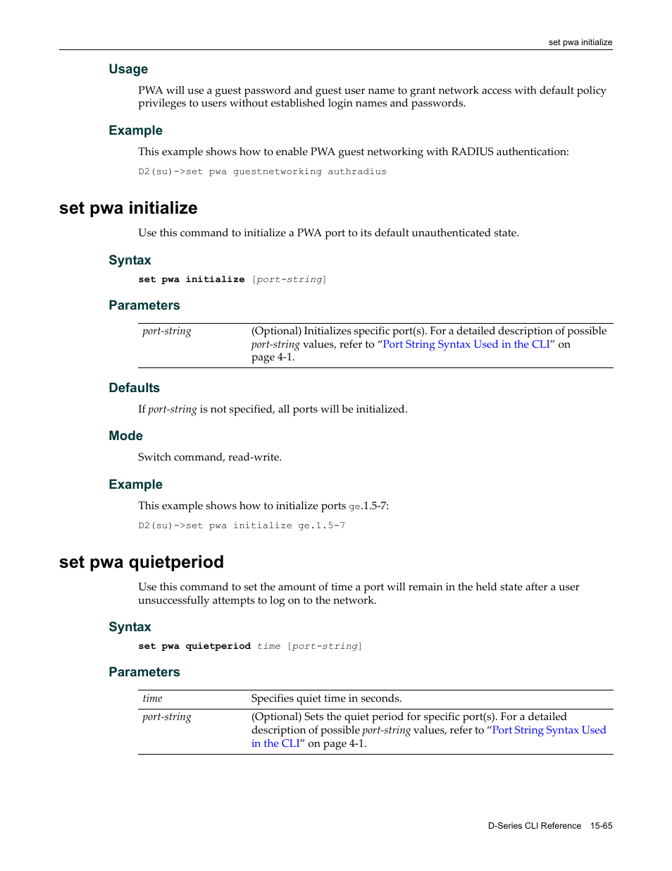 Set pwa initialize, Set pwa quietperiod, Set pwa initialize -65 set pwa quietperiod -65 | Ed in | Enterasys Networks Enterasys D2 D2G124-12P User Manual | Page 489 / 496