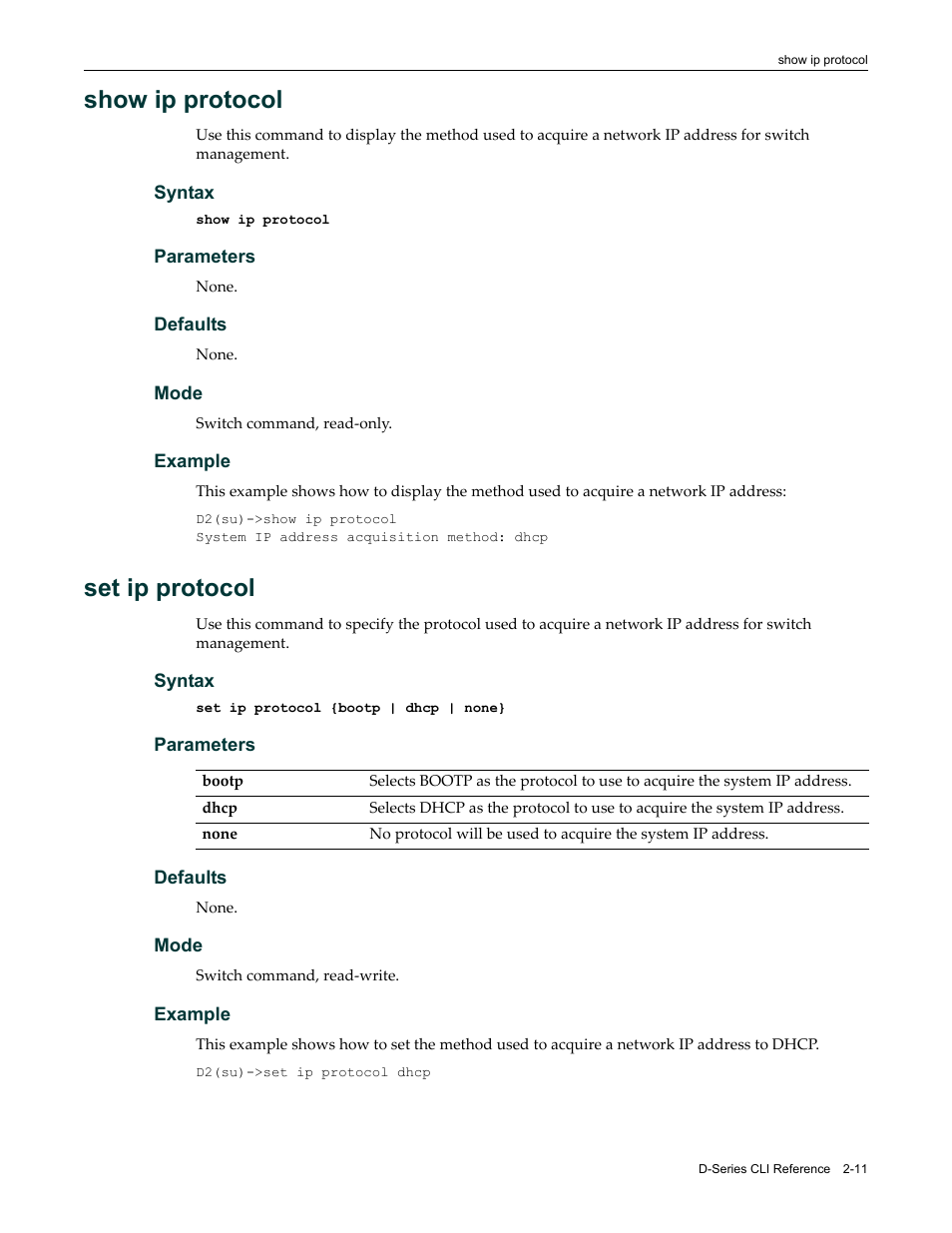 Show ip protocol, Set ip protocol, Show ip protocol -11 set ip protocol -11 | Enterasys Networks Enterasys D2 D2G124-12P User Manual | Page 49 / 496