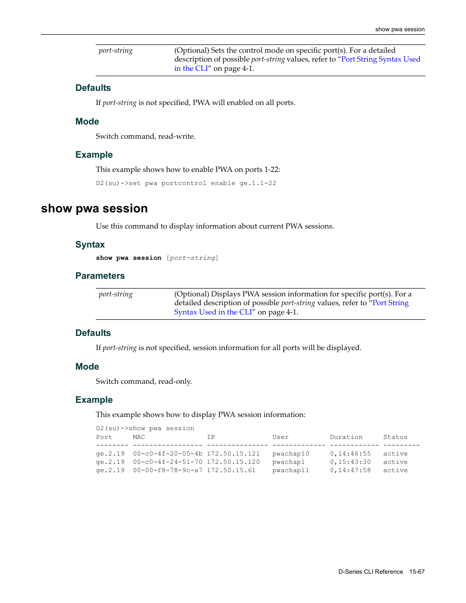 Show pwa session, Show pwa session -67 | Enterasys Networks Enterasys D2 D2G124-12P User Manual | Page 491 / 496