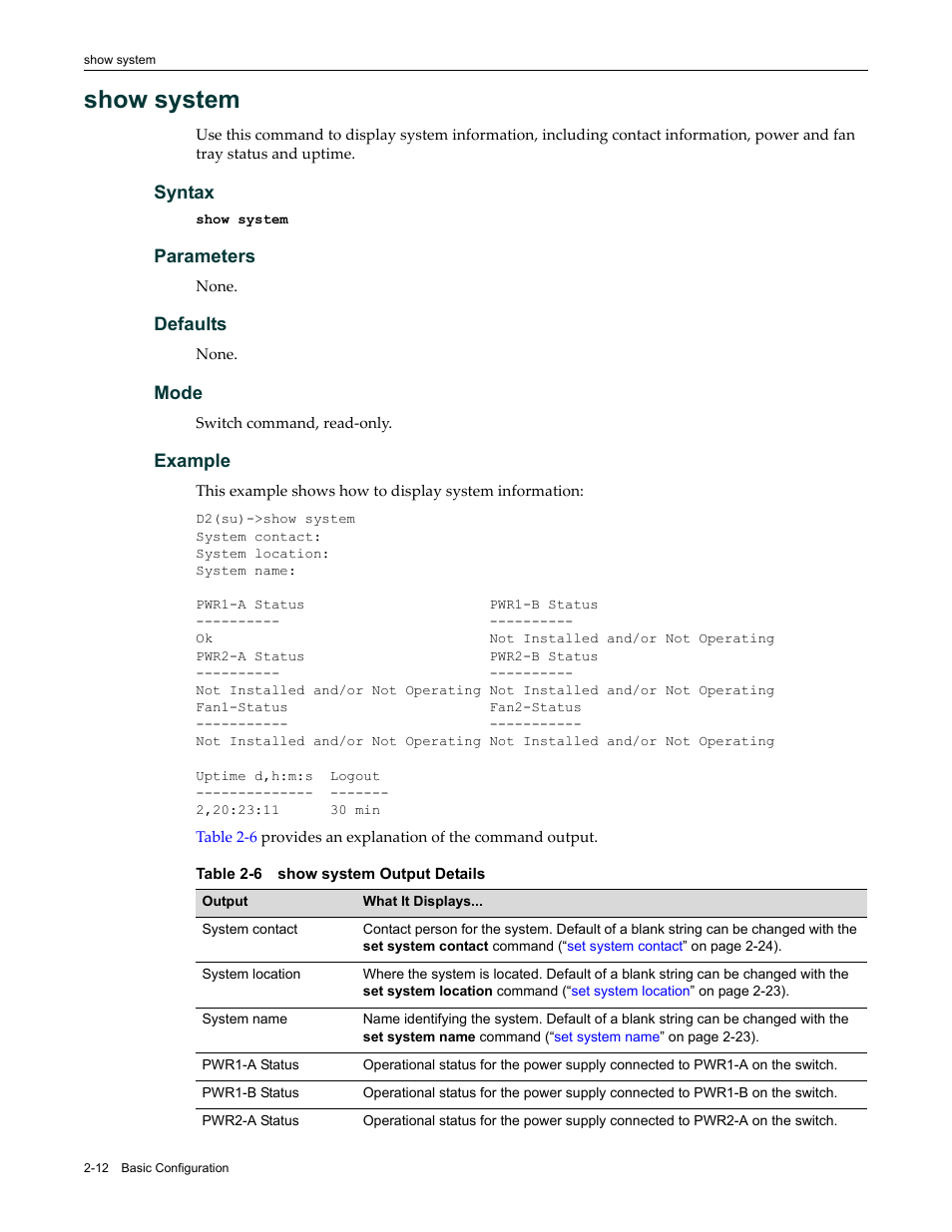 Show system, Show system -12, Show system output details -12 | Enterasys Networks Enterasys D2 D2G124-12P User Manual | Page 50 / 496