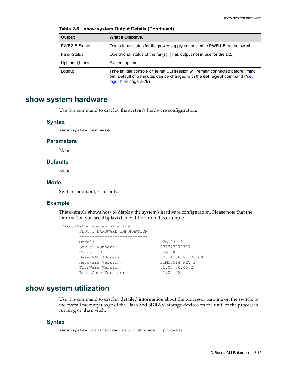 Show system hardware, Show system utilization | Enterasys Networks Enterasys D2 D2G124-12P User Manual | Page 51 / 496