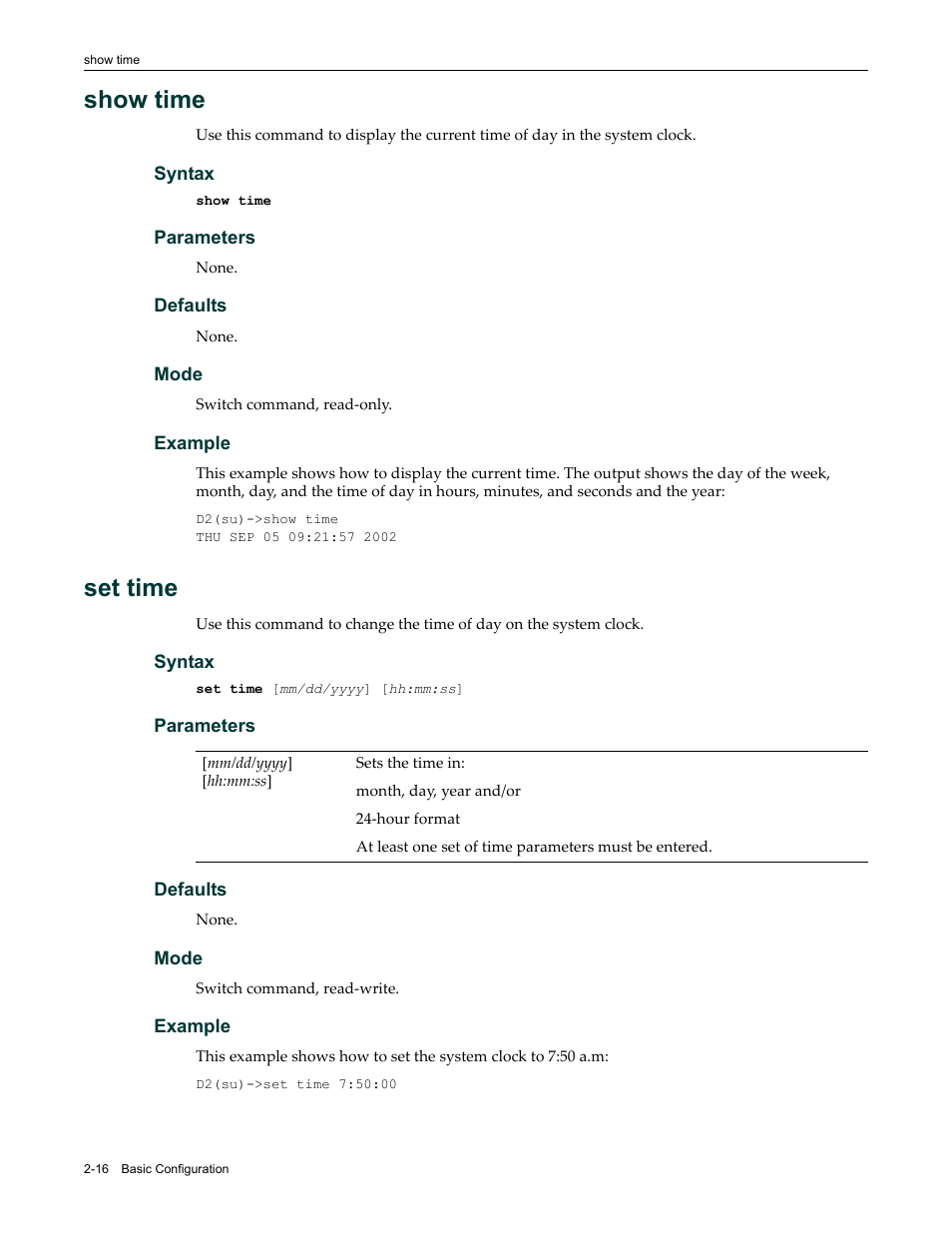 Show time, Set time, Show time -16 set time -16 | Enterasys Networks Enterasys D2 D2G124-12P User Manual | Page 54 / 496