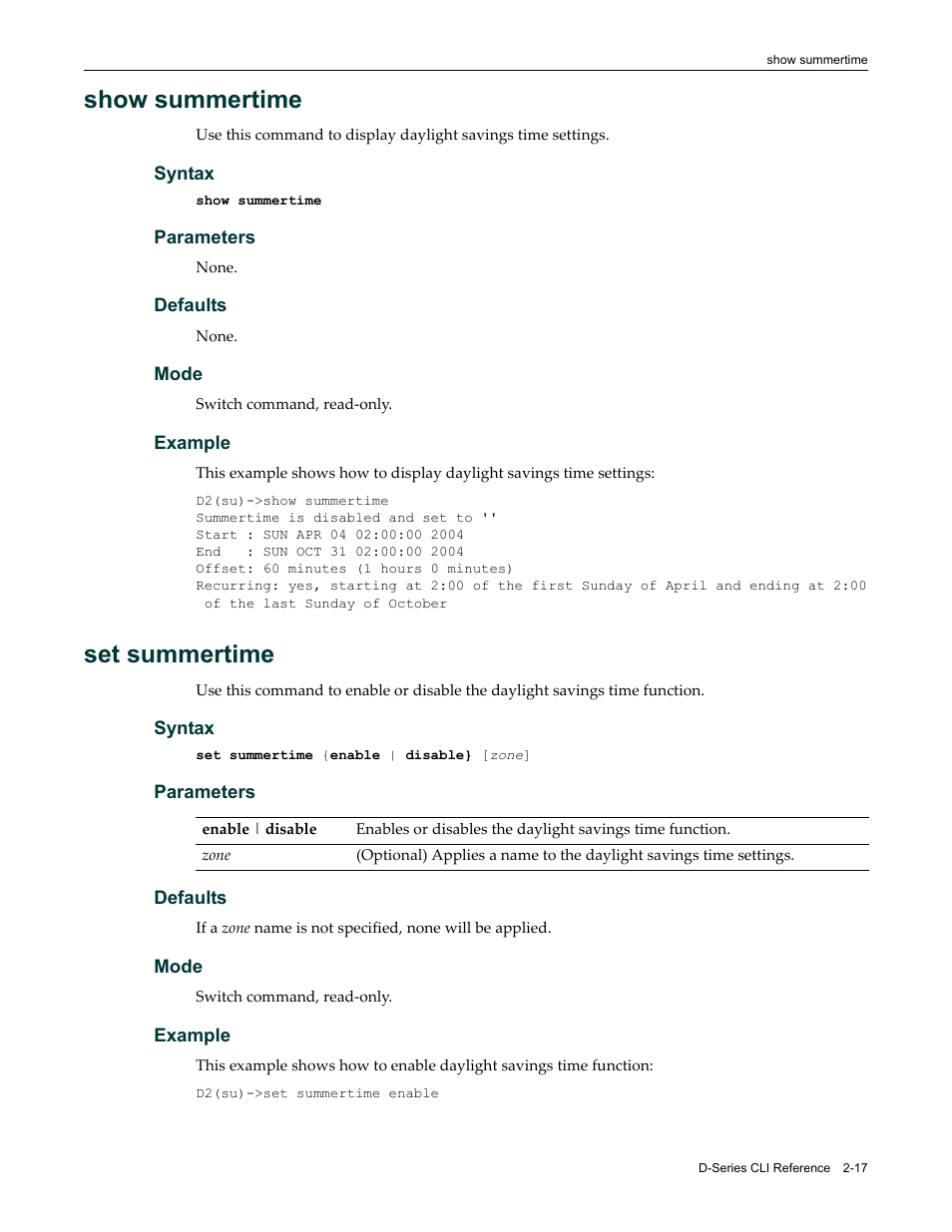 Show summertime, Set summertime, Show summertime -17 set summertime -17 | Enterasys Networks Enterasys D2 D2G124-12P User Manual | Page 55 / 496