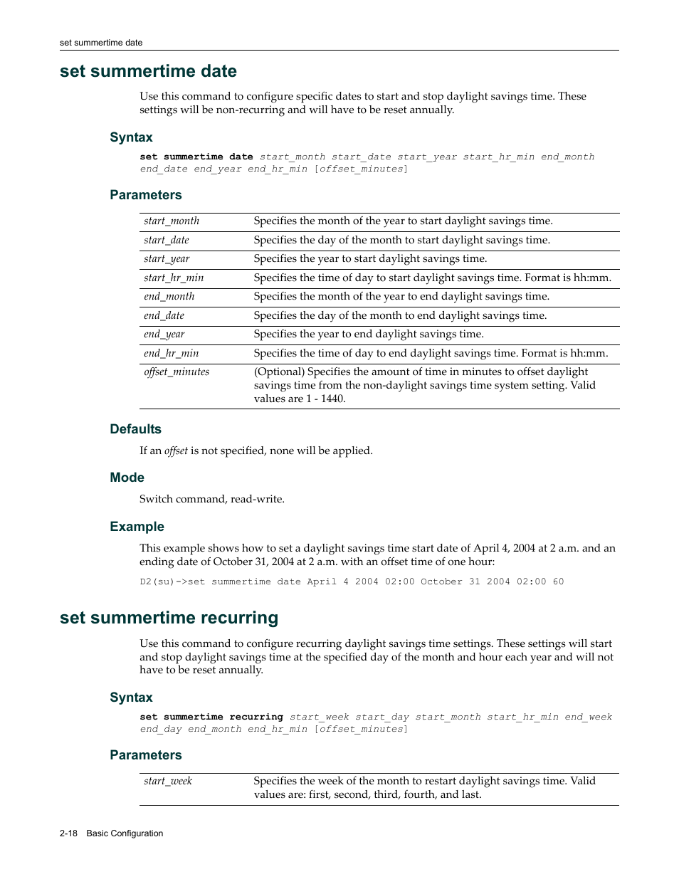 Set summertime date, Set summertime recurring | Enterasys Networks Enterasys D2 D2G124-12P User Manual | Page 56 / 496