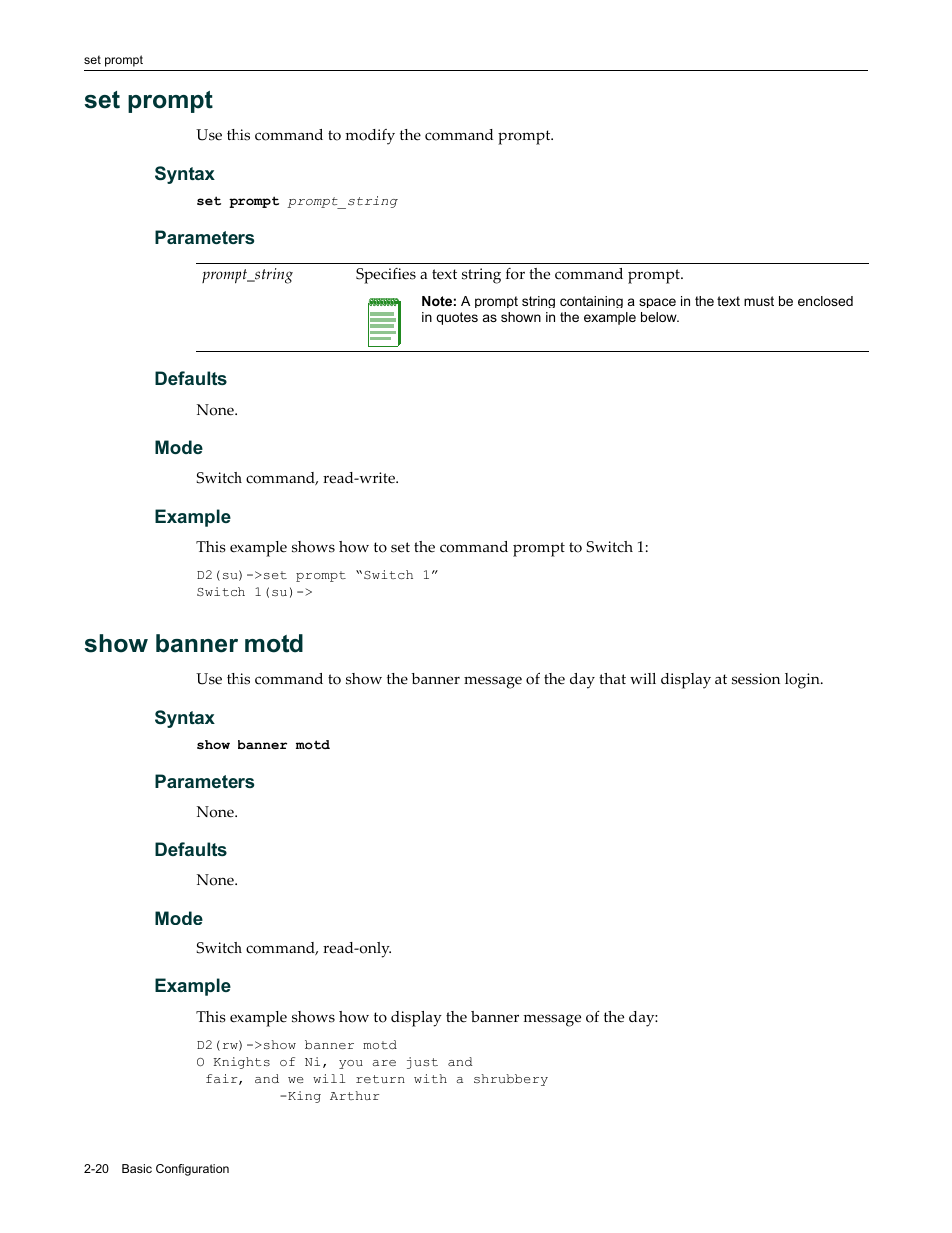 Set prompt, Show banner motd, Set prompt -20 show banner motd -20 | Enterasys Networks Enterasys D2 D2G124-12P User Manual | Page 58 / 496