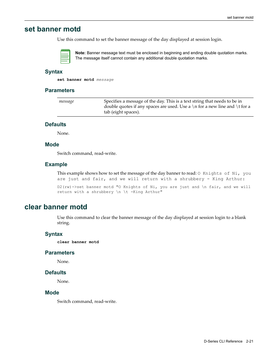 Set banner motd, Clear banner motd, Set banner motd -21 clear banner motd -21 | Enterasys Networks Enterasys D2 D2G124-12P User Manual | Page 59 / 496