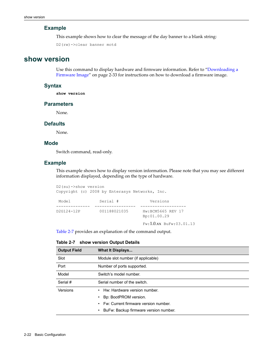 Show version, Show version -22, Show version output details -22 | Enterasys Networks Enterasys D2 D2G124-12P User Manual | Page 60 / 496