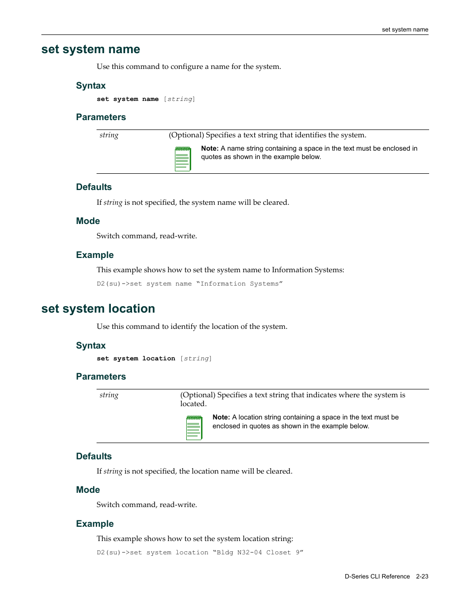 Set system name, Set system location, Set system name -23 set system location -23 | Enterasys Networks Enterasys D2 D2G124-12P User Manual | Page 61 / 496