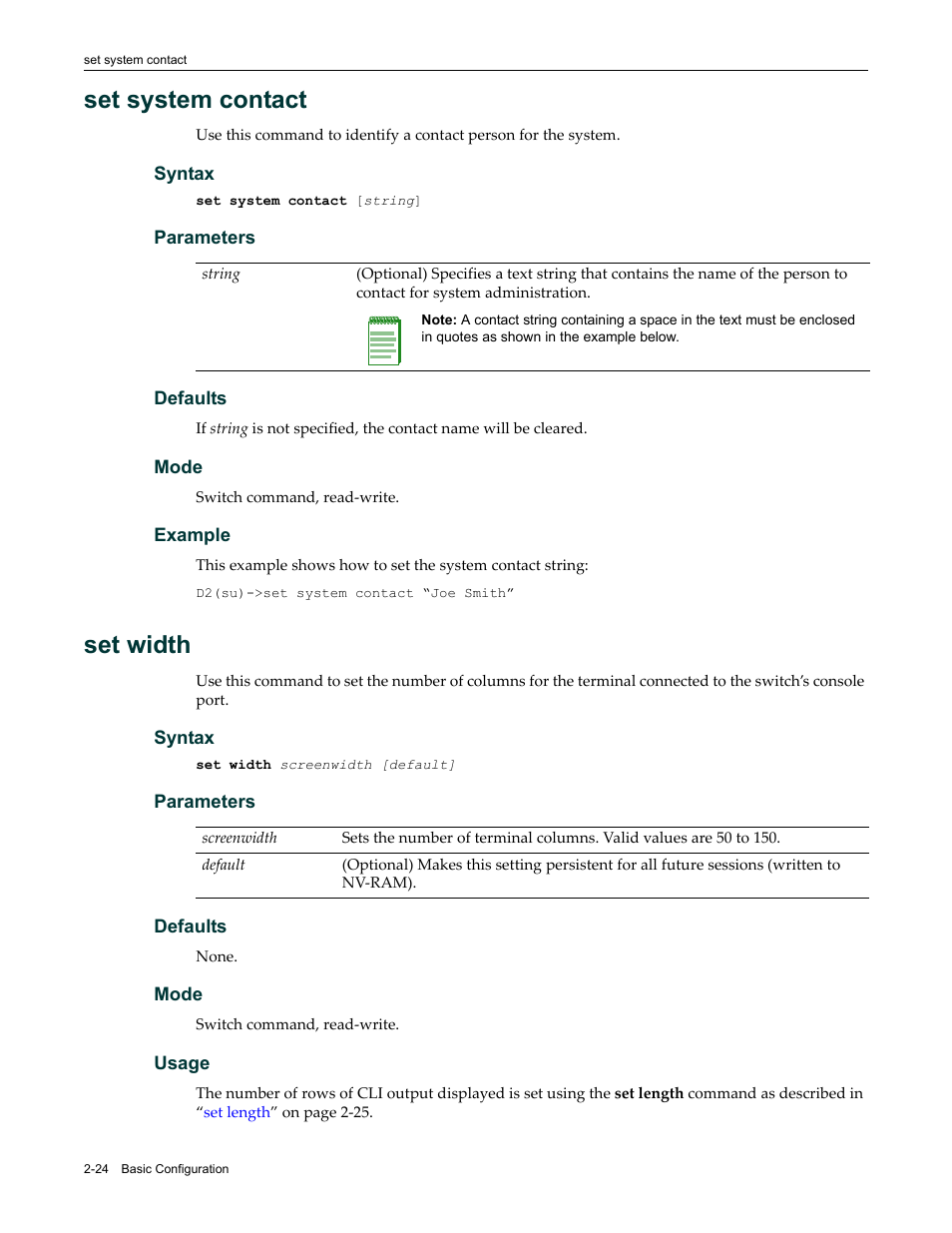 Set system contact, Set width, Set system contact -24 set width -24 | Enterasys Networks Enterasys D2 D2G124-12P User Manual | Page 62 / 496