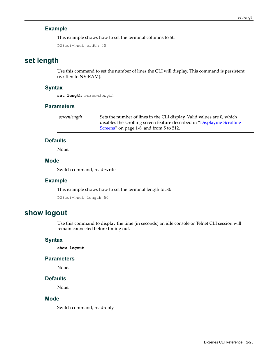 Set length, Show logout, Set length -25 show logout -25 | Enterasys Networks Enterasys D2 D2G124-12P User Manual | Page 63 / 496