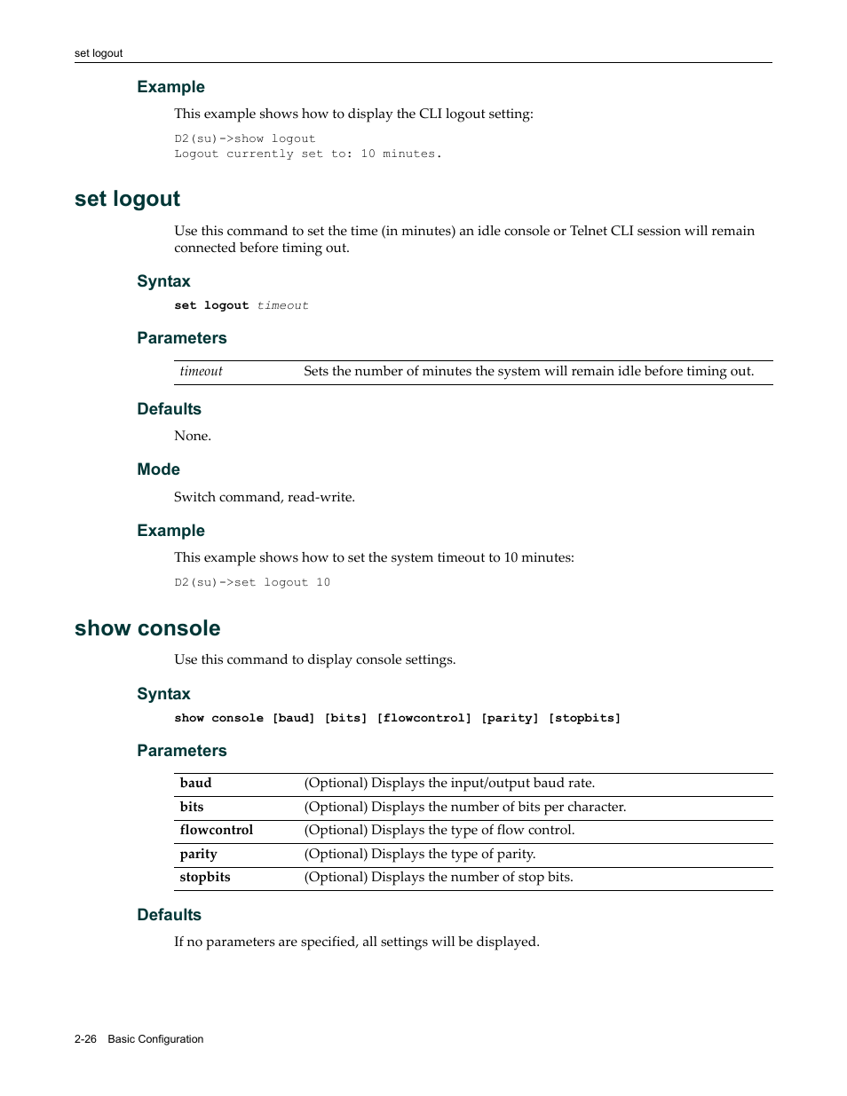 Set logout, Show console, Set logout -26 show console -26 | Logout | Enterasys Networks Enterasys D2 D2G124-12P User Manual | Page 64 / 496