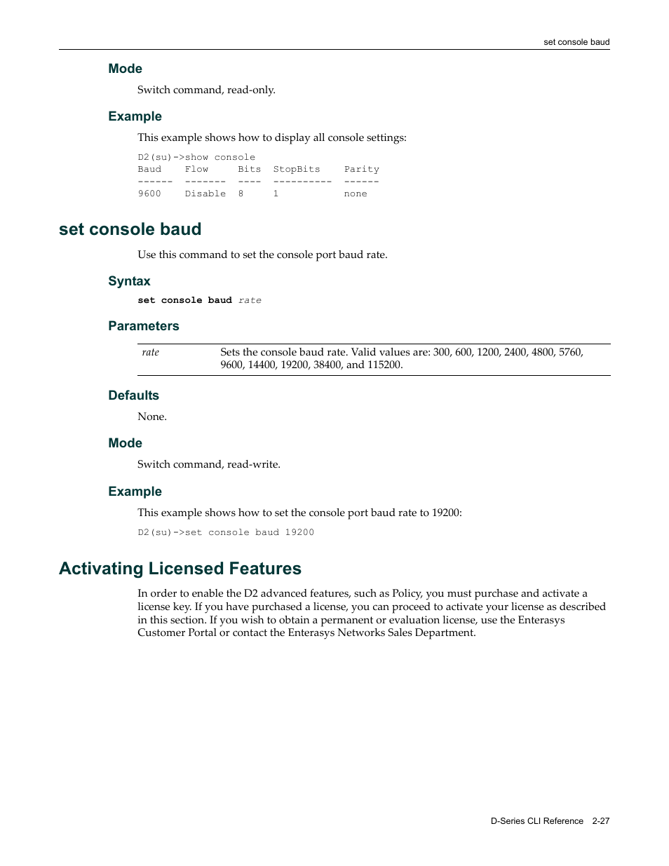 Set console baud, Activating licensed features, Set console baud -27 | Activating licensed features -27 | Enterasys Networks Enterasys D2 D2G124-12P User Manual | Page 65 / 496