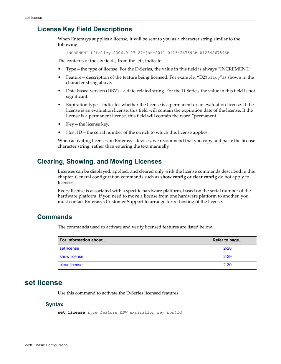 License key field descriptions, Clearing, showing, and moving licenses, Commands | Set license, Set license -28 | Enterasys Networks Enterasys D2 D2G124-12P User Manual | Page 66 / 496