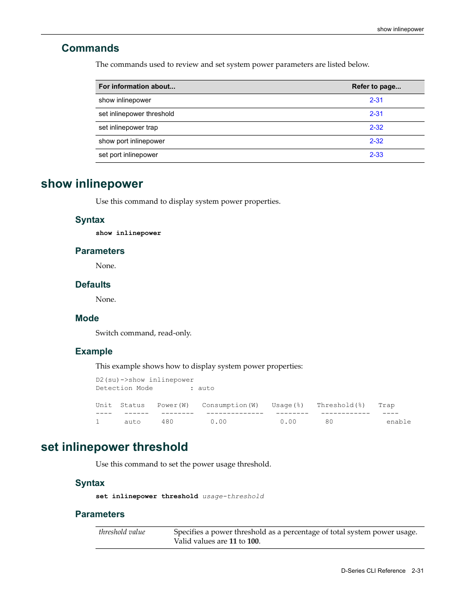 Commands, Show inlinepower, Set inlinepower threshold | Commands -31, Show inlinepower -31 set inlinepower threshold -31 | Enterasys Networks Enterasys D2 D2G124-12P User Manual | Page 69 / 496