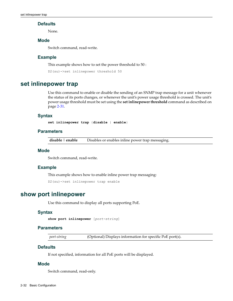 Set inlinepower trap, Show port inlinepower, Set inlinepower trap -32 show port inlinepower -32 | Enterasys Networks Enterasys D2 D2G124-12P User Manual | Page 70 / 496