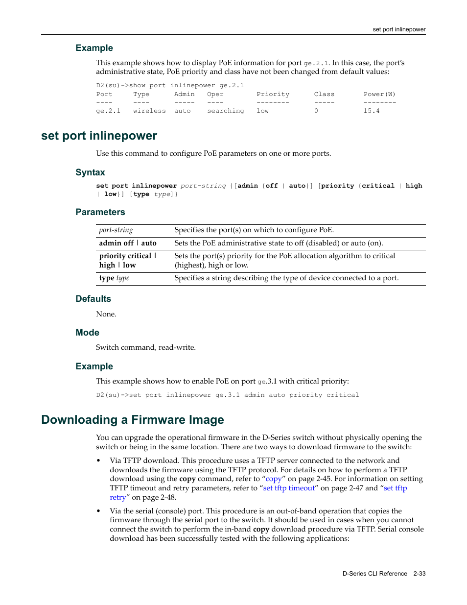 Set port inlinepower, Downloading a firmware image, Set port inlinepower -33 | Downloading a firmware image -33, Downloading a, Firmware image | Enterasys Networks Enterasys D2 D2G124-12P User Manual | Page 71 / 496