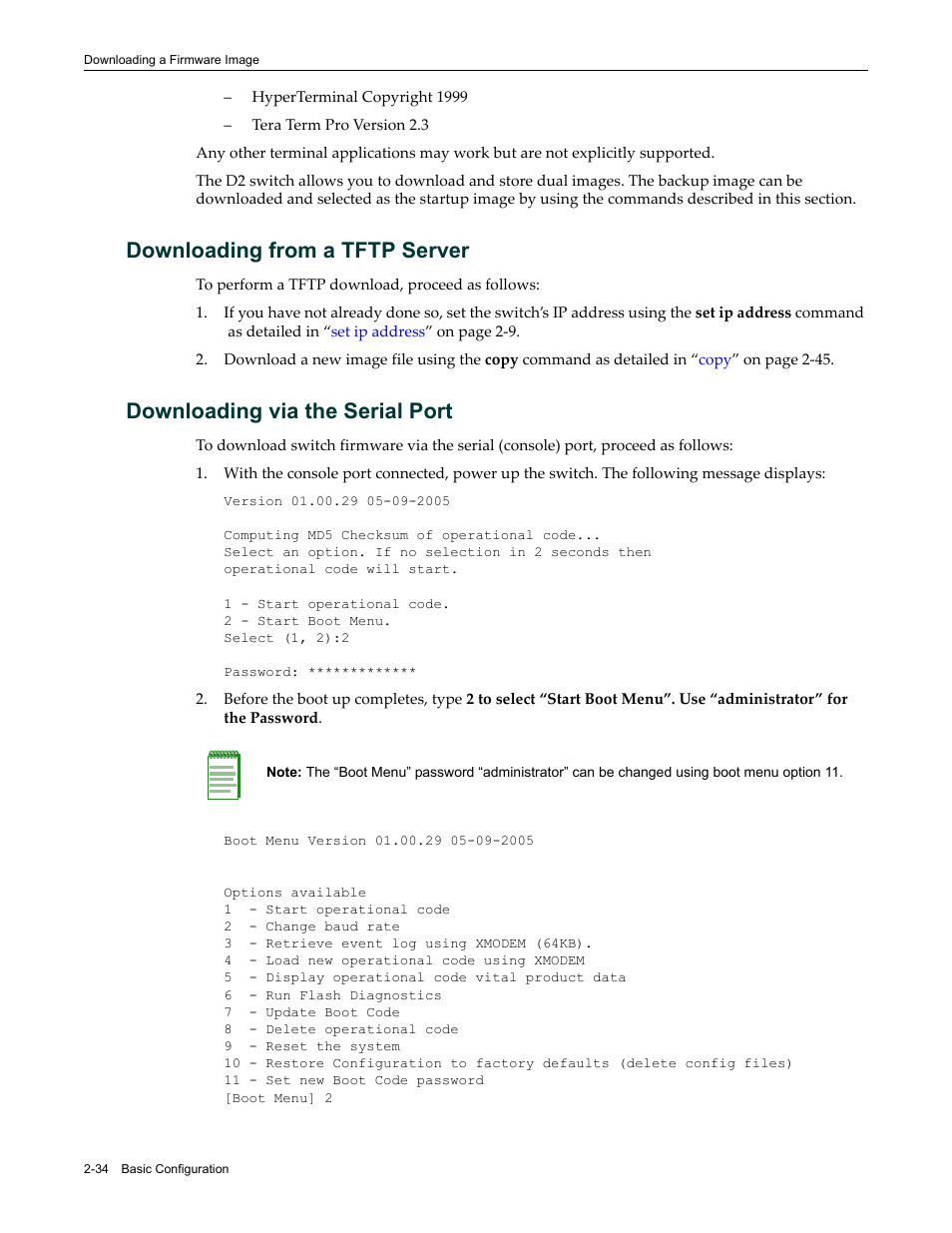 Downloading from a tftp server, Downloading via the serial port | Enterasys Networks Enterasys D2 D2G124-12P User Manual | Page 72 / 496