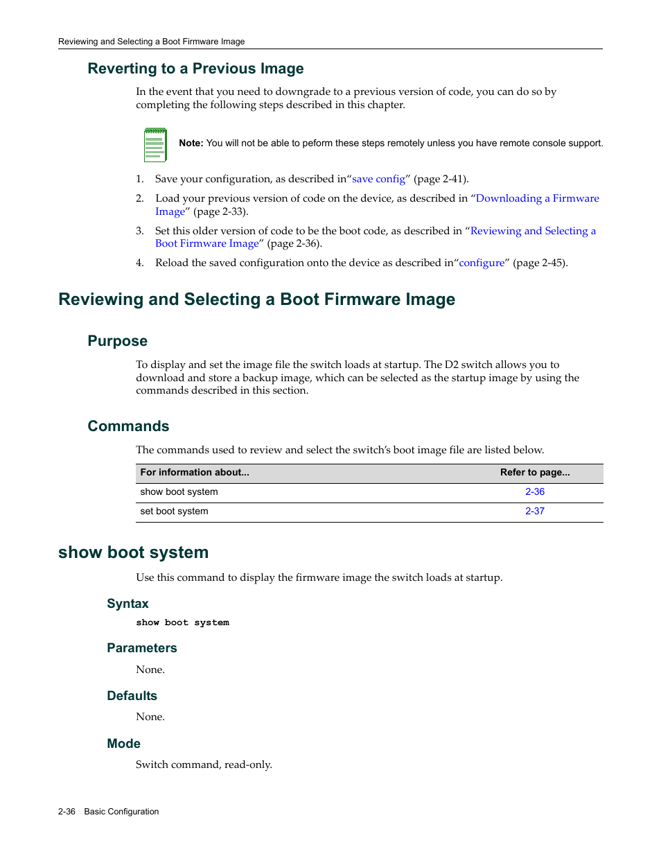 Reverting to a previous image, Reviewing and selecting a boot firmware image, Purpose | Commands, Show boot system, Reverting to a previous image -36, Reviewing and selecting a boot firmware image -36, Purpose -36 commands -36, Show boot system -36 | Enterasys Networks Enterasys D2 D2G124-12P User Manual | Page 74 / 496