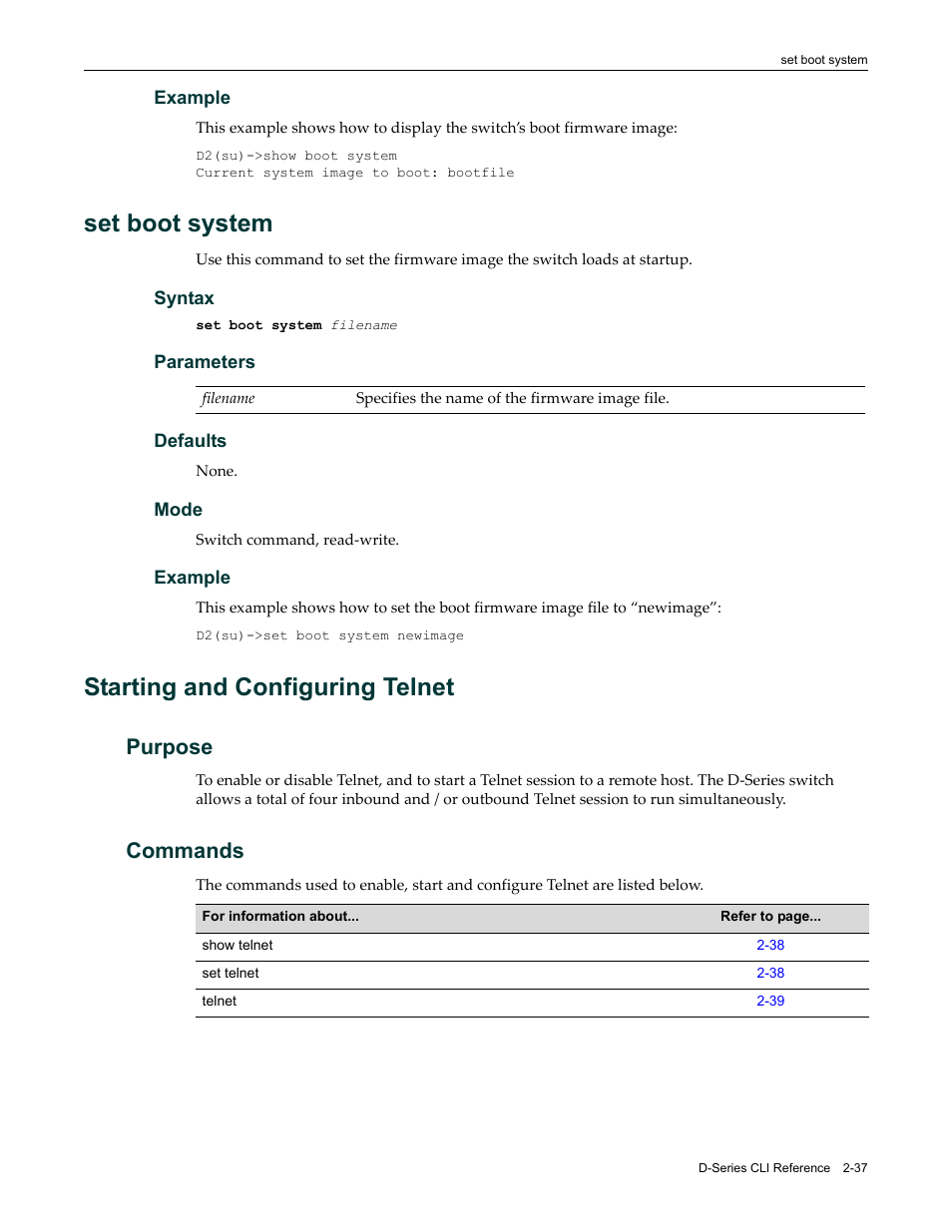 Set boot system, Starting and configuring telnet, Purpose | Commands, Set boot system -37, Starting and configuring telnet -37, Purpose -37 commands -37 | Enterasys Networks Enterasys D2 D2G124-12P User Manual | Page 75 / 496