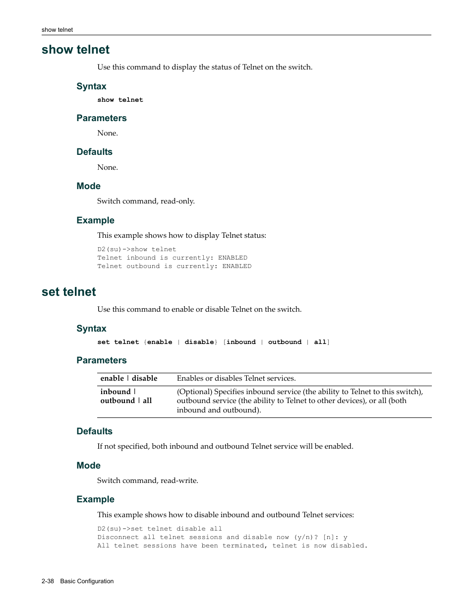 Show telnet, Set telnet, Show telnet -38 set telnet -38 | Enterasys Networks Enterasys D2 D2G124-12P User Manual | Page 76 / 496