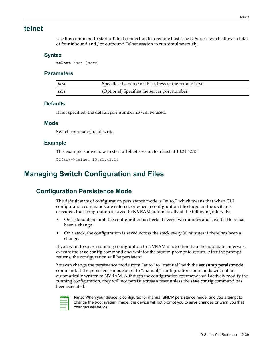 Telnet, Managing switch configuration and files, Configuration persistence mode | Telnet -39, Managing switch configuration and files -39, Configuration persistence mode -39 | Enterasys Networks Enterasys D2 D2G124-12P User Manual | Page 77 / 496