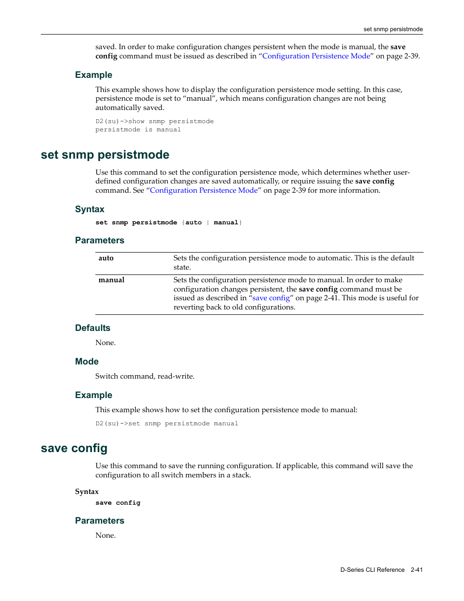 Set snmp persistmode, Save config, Set snmp persistmode -41 save config -41 | Enterasys Networks Enterasys D2 D2G124-12P User Manual | Page 79 / 496