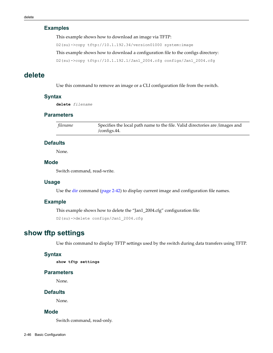 Delete, Show tftp settings, Delete -46 show tftp settings -46 | Enterasys Networks Enterasys D2 D2G124-12P User Manual | Page 84 / 496