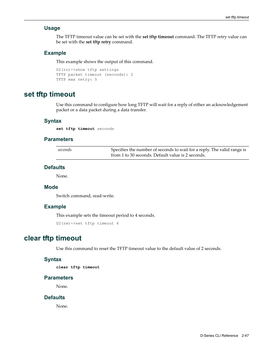 Set tftp timeout, Clear tftp timeout, Set tftp timeout -47 clear tftp timeout -47 | Enterasys Networks Enterasys D2 D2G124-12P User Manual | Page 85 / 496