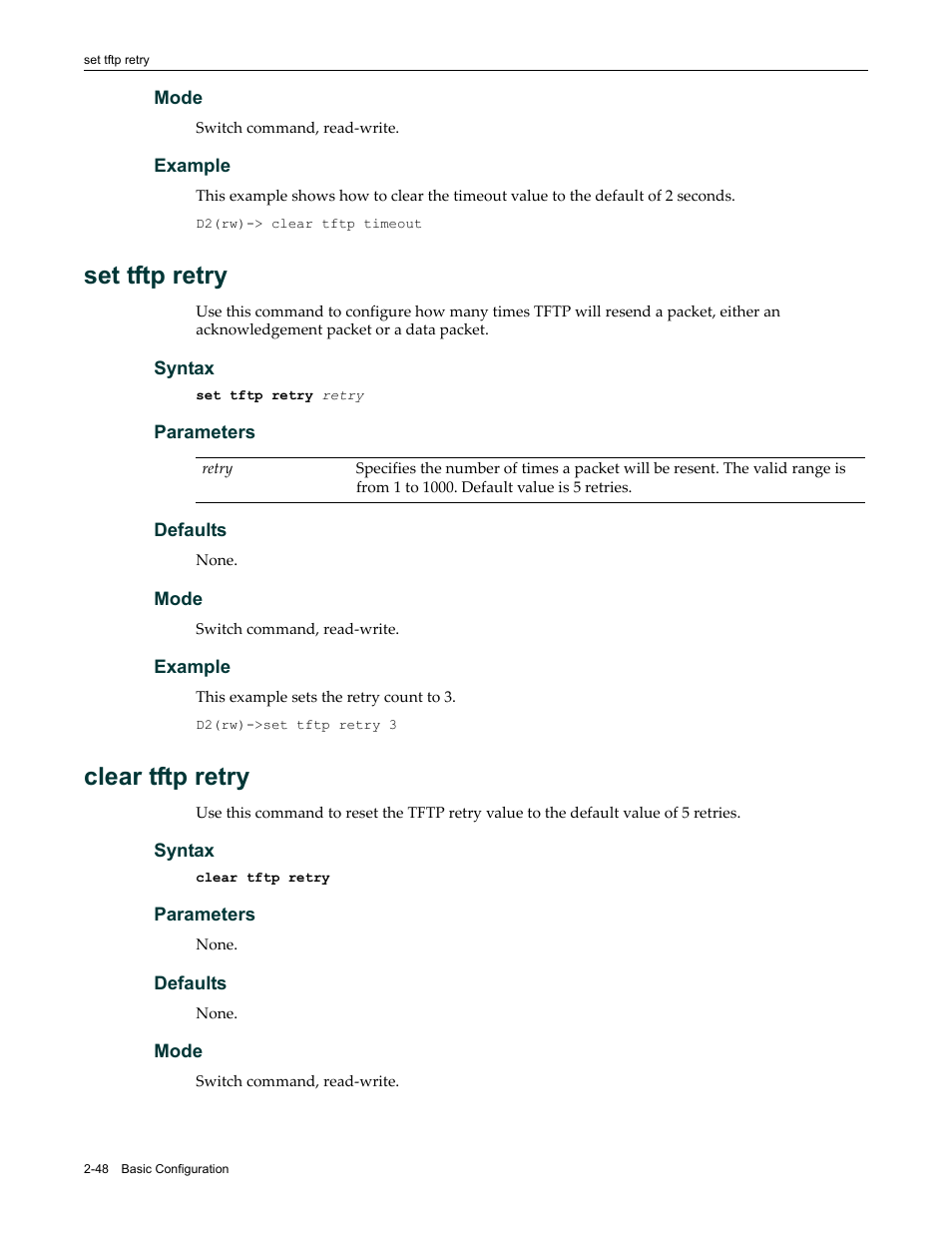 Set tftp retry, Clear tftp retry, Set tftp retry -48 clear tftp retry -48 | Set tftp, Retry | Enterasys Networks Enterasys D2 D2G124-12P User Manual | Page 86 / 496