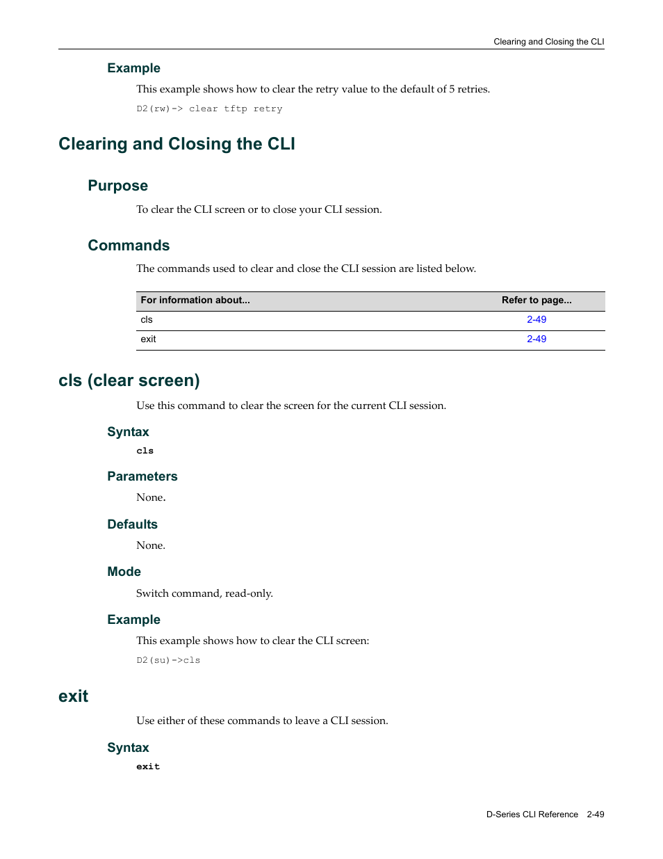 Clearing and closing the cli, Purpose, Commands | Cls (clear screen), Exit, Clearing and closing the cli -49, Purpose -49 commands -49, Cls (clear screen) -49 exit -49 | Enterasys Networks Enterasys D2 D2G124-12P User Manual | Page 87 / 496