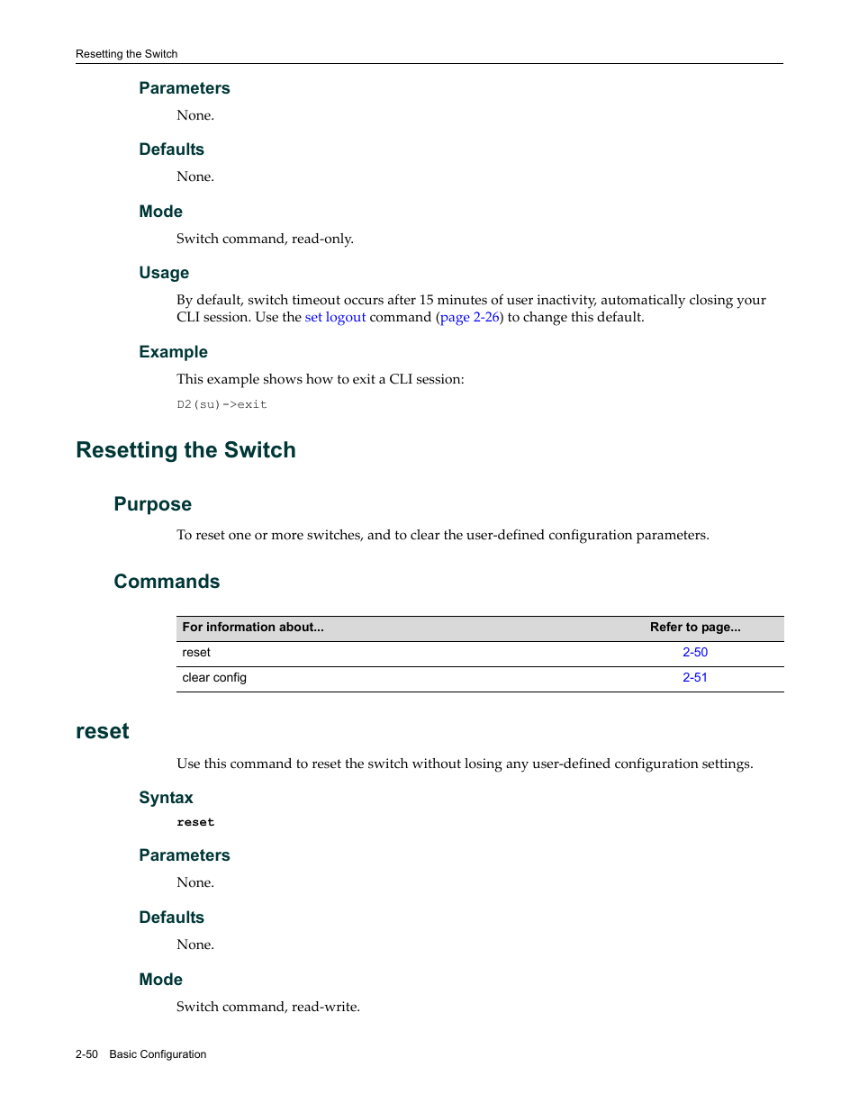 Resetting the switch, Purpose, Commands | Reset, Resetting the switch -50, Purpose -50 commands -50, Reset -50 | Enterasys Networks Enterasys D2 D2G124-12P User Manual | Page 88 / 496