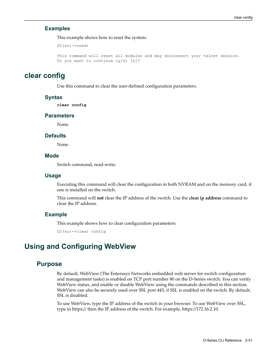 Clear config, Using and configuring webview, Purpose | Clear config -51, Using and configuring webview -51, Purpose -51 | Enterasys Networks Enterasys D2 D2G124-12P User Manual | Page 89 / 496