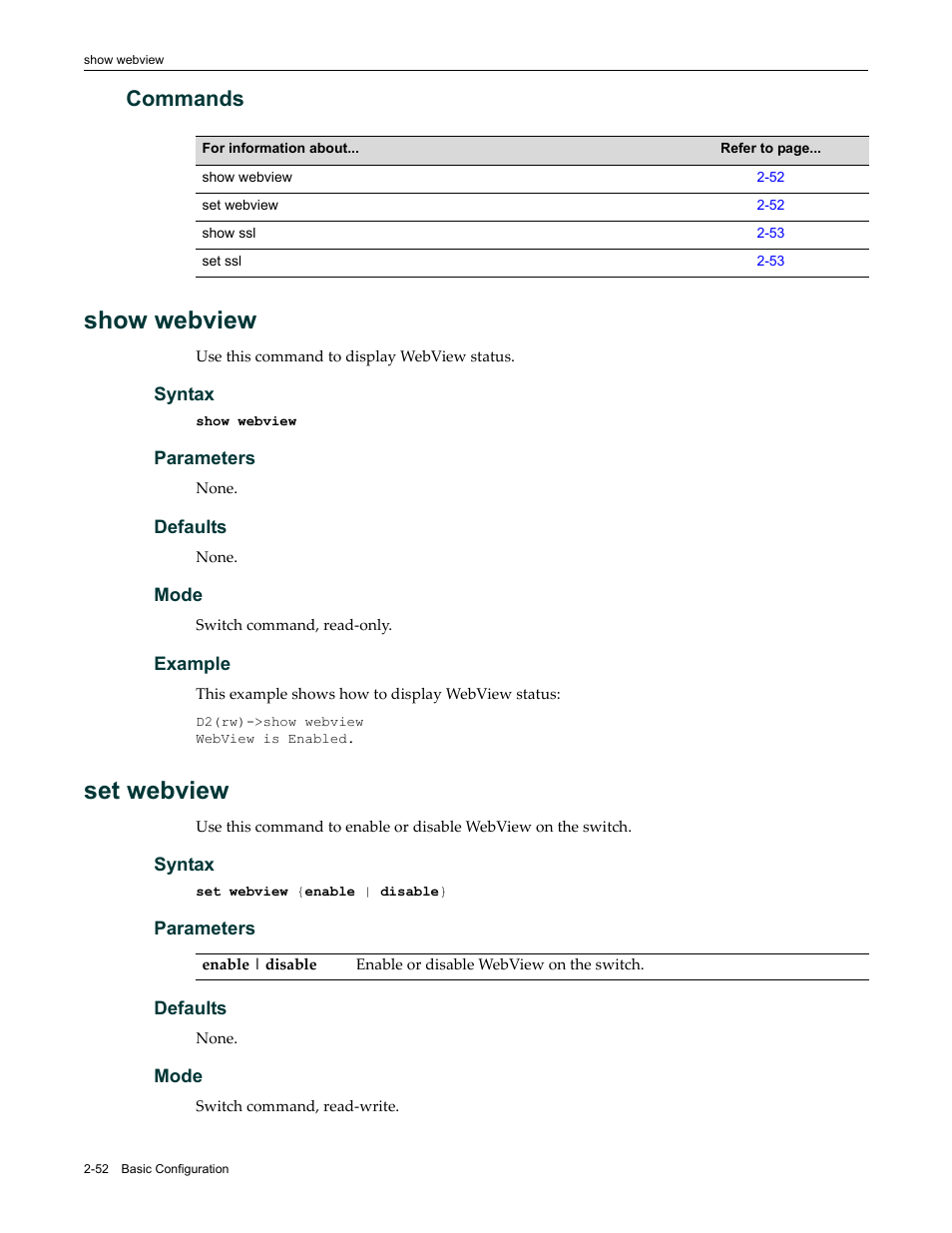 Commands, Show webview, Set webview | Commands -52, Show webview -52 set webview -52 | Enterasys Networks Enterasys D2 D2G124-12P User Manual | Page 90 / 496