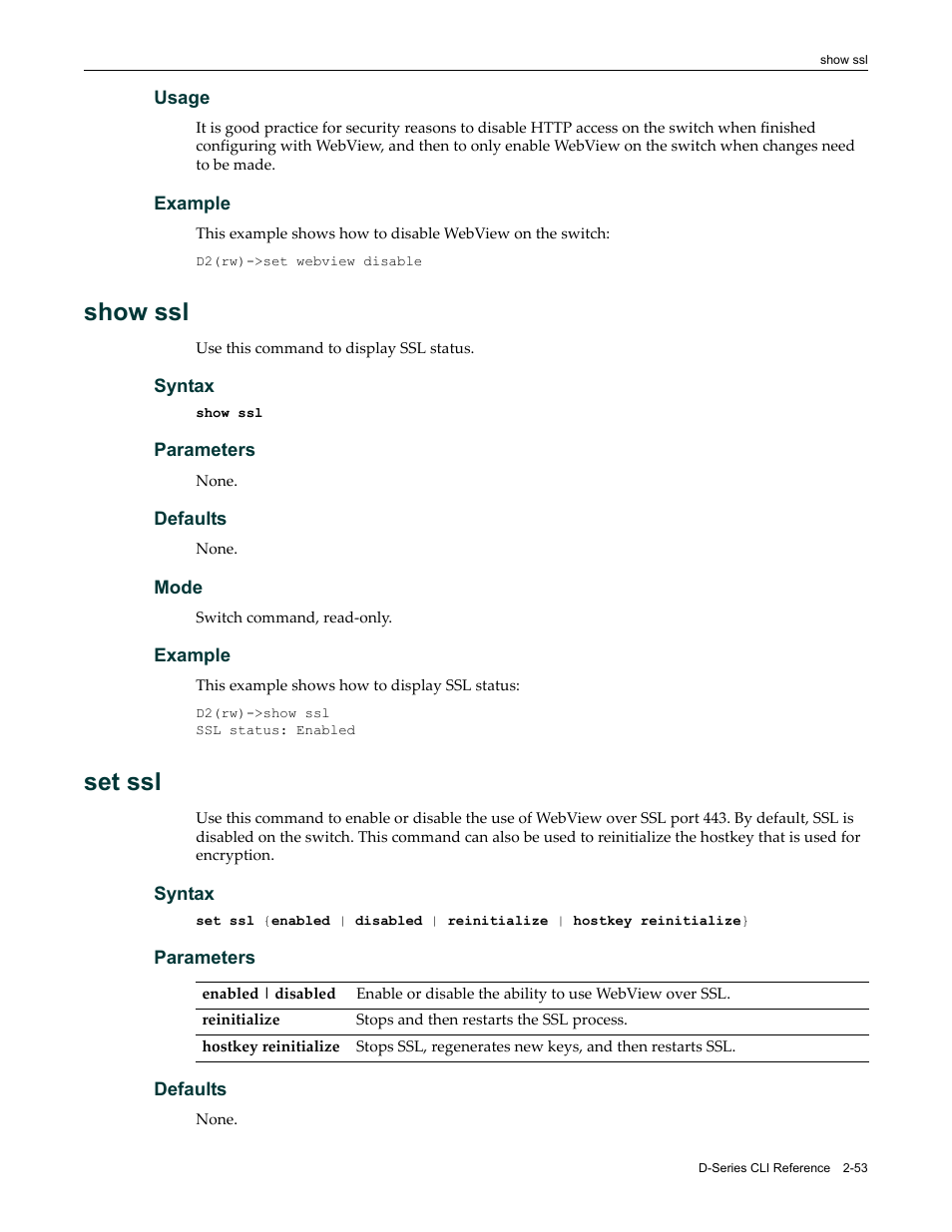 Show ssl, Set ssl, Show ssl -53 set ssl -53 | Enterasys Networks Enterasys D2 D2G124-12P User Manual | Page 91 / 496