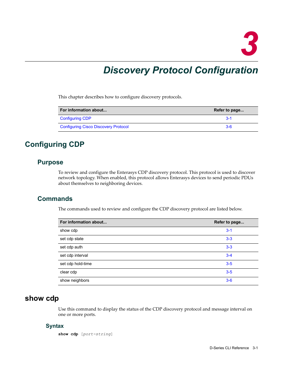 Discovery protocol configuration, Configuring cdp, Purpose | Commands, Show cdp, Chapter 3: discovery protocol configuration, Configuring cdp -1, Purpose -1 commands -1, Show cdp -1, Chapter 3 | Enterasys Networks Enterasys D2 D2G124-12P User Manual | Page 93 / 496