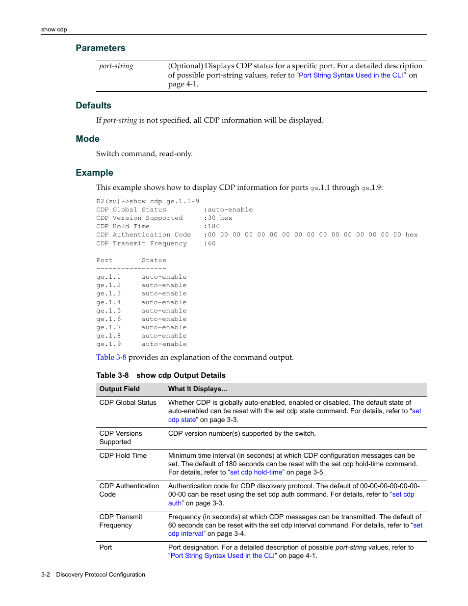 Show cdp output details -2, Parameters defaults, Mode | Example | Enterasys Networks Enterasys D2 D2G124-12P User Manual | Page 94 / 496