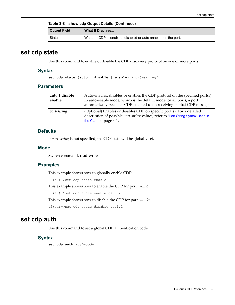 Set cdp state, Set cdp auth, Set cdp state -3 set cdp auth -3 | Cdp state, Fer to, Set cdp, Auth | Enterasys Networks Enterasys D2 D2G124-12P User Manual | Page 95 / 496