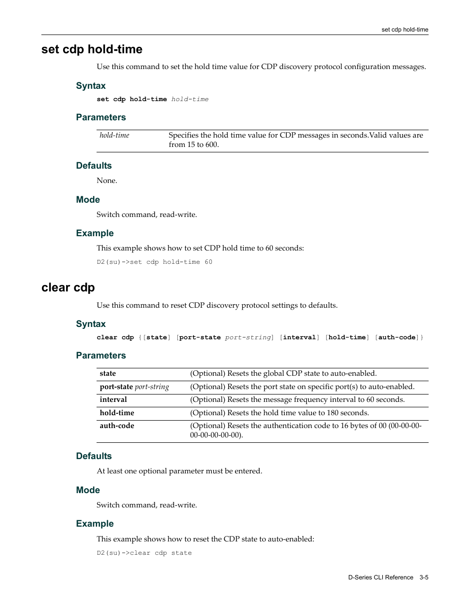 Set cdp hold-time, Clear cdp, Set cdp hold-time -5 clear cdp -5 | Enterasys Networks Enterasys D2 D2G124-12P User Manual | Page 97 / 496