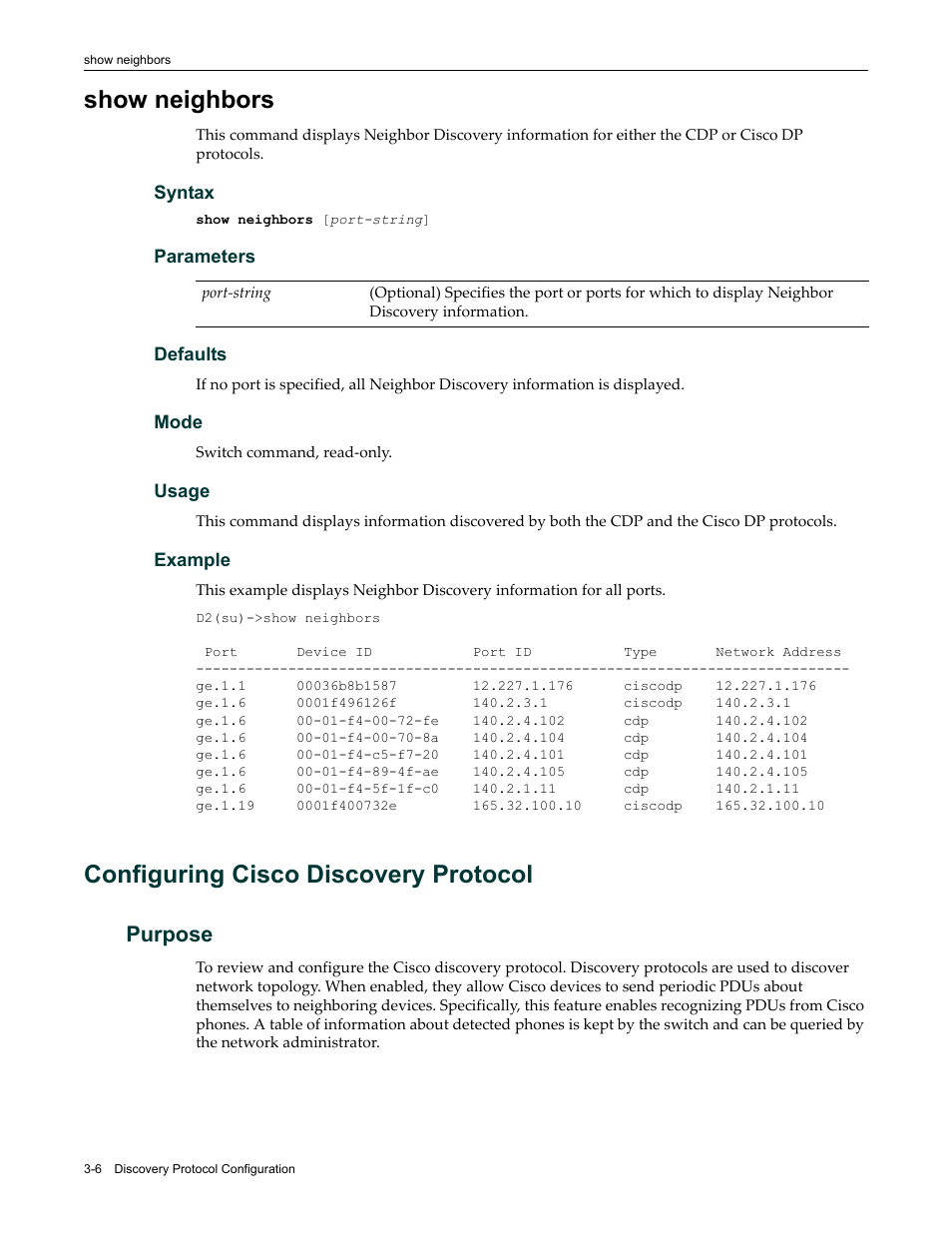 Show neighbors, Configuring cisco discovery protocol, Purpose | Show neighbors -6, Configuring cisco discovery protocol -6, Purpose -6 | Enterasys Networks Enterasys D2 D2G124-12P User Manual | Page 98 / 496