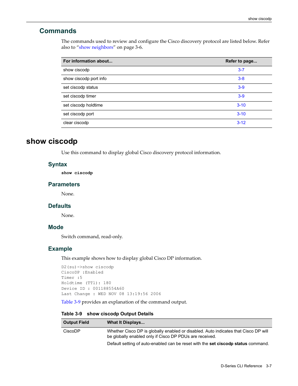 Commands, Show ciscodp, Commands -7 | Show ciscodp -7, Show ciscodp output details -7 | Enterasys Networks Enterasys D2 D2G124-12P User Manual | Page 99 / 496