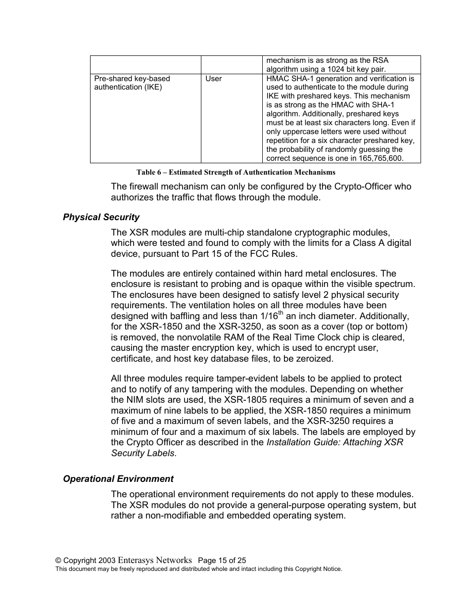 Operational environment, Hysical, Ecurity | Perational, Nvironment | Enterasys Networks XSR-1805 User Manual | Page 15 / 25