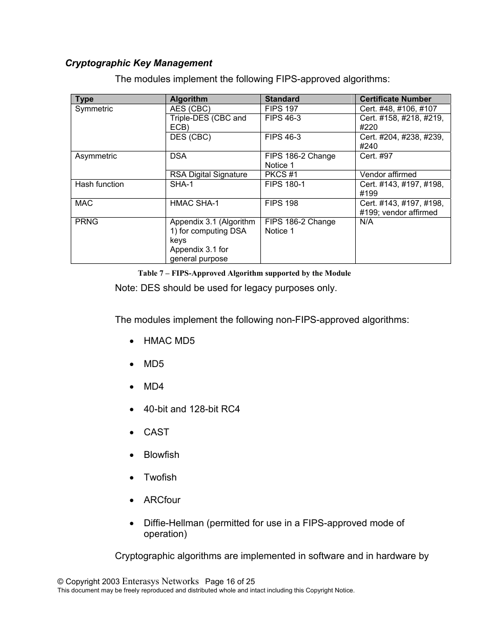 Cryptographic key management, Ryptographic, Anagement | Enterasys Networks XSR-1805 User Manual | Page 16 / 25